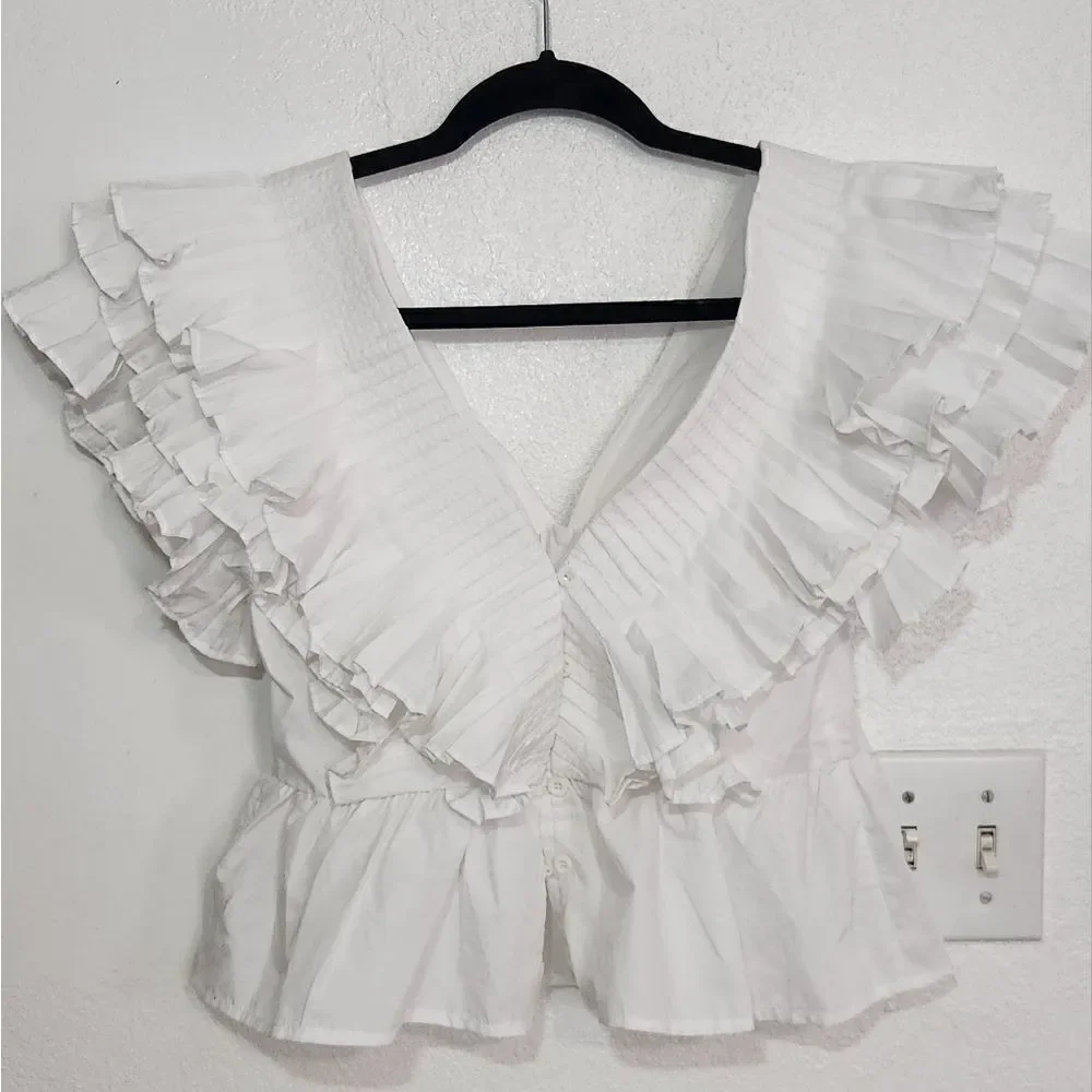 Par Violet V-neck Ruffle Peplum Top in White - Picture 9 of 13